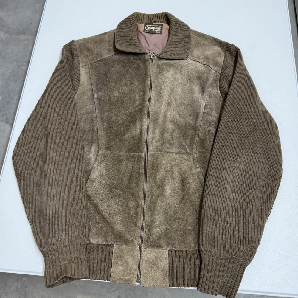 Sears Sportswear Bomber Jacket Mens L Brown Fair Vintage Suede Knit Mixed